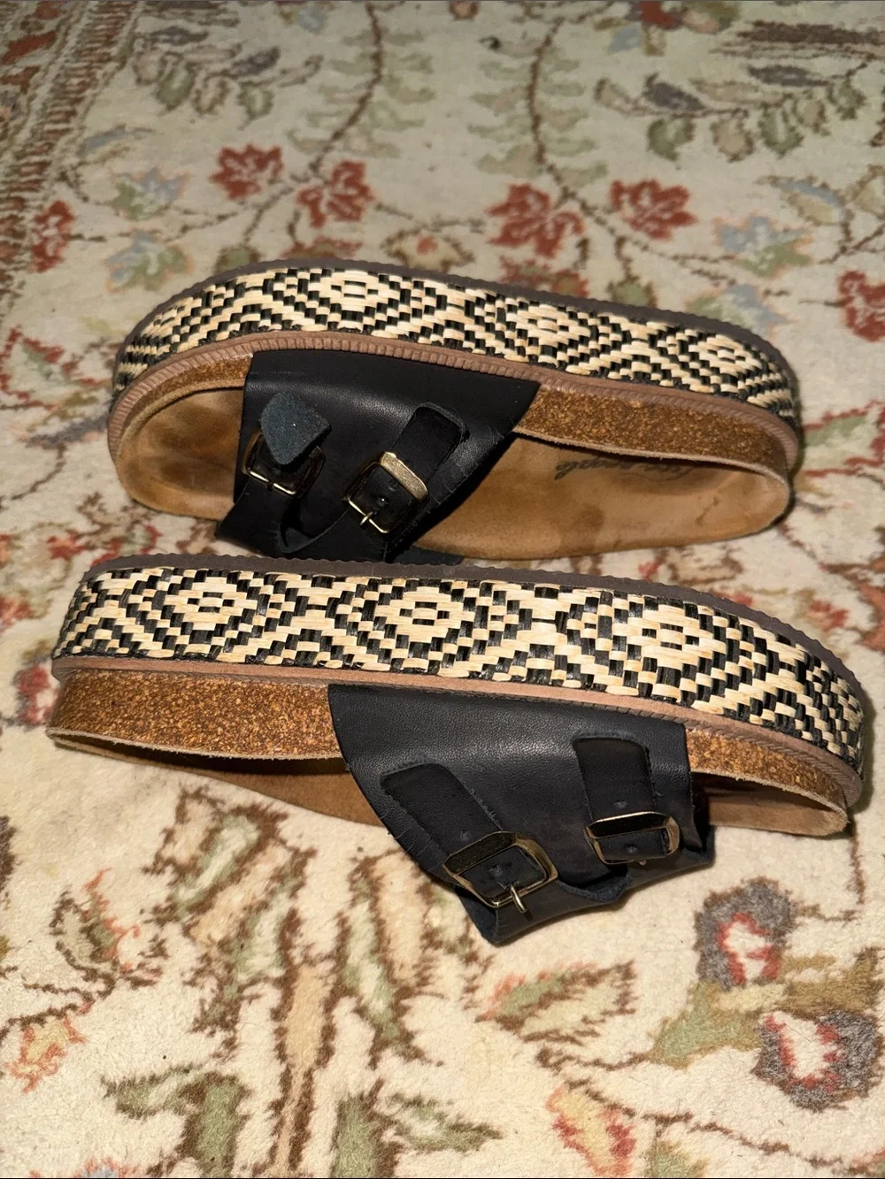 Free People Black Leather Double-Buckle Platform Slide Sandals